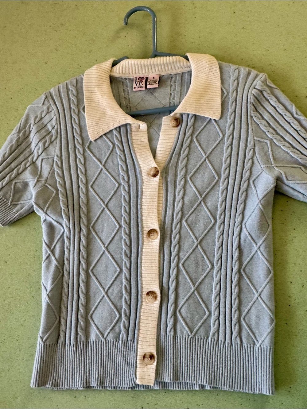 Love By Design Light Blue Cable-Knit Polo Cardigan with Cream Trim